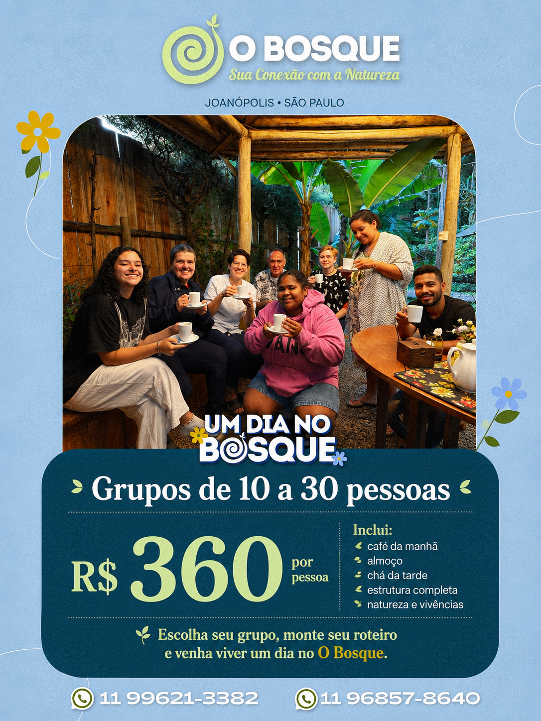 Flyer Um Dia no O Bosque · grupos de 10 a 30 pessoas