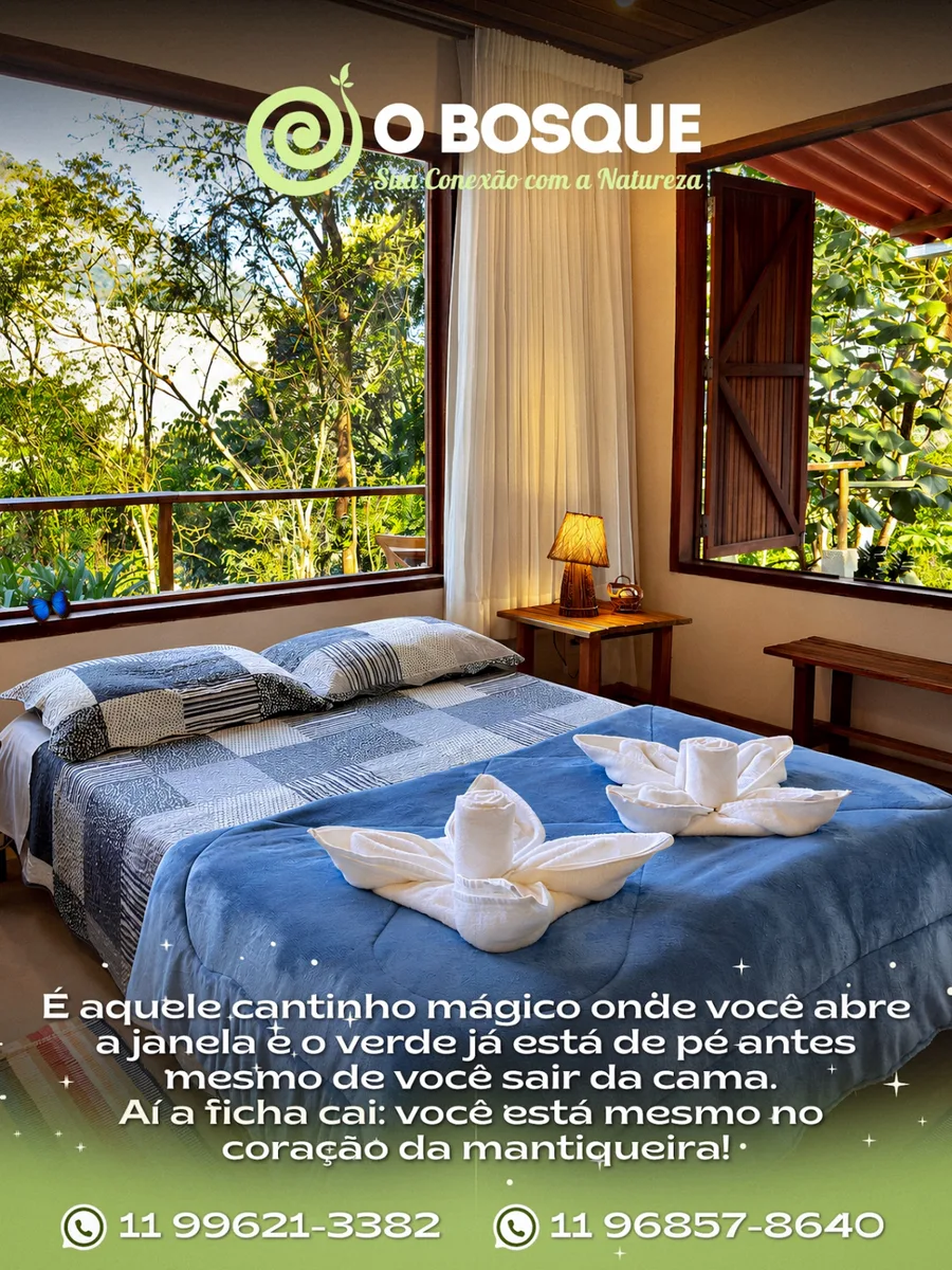 Quarto acolhedor com janelas abertas para a mata no O Bosque
