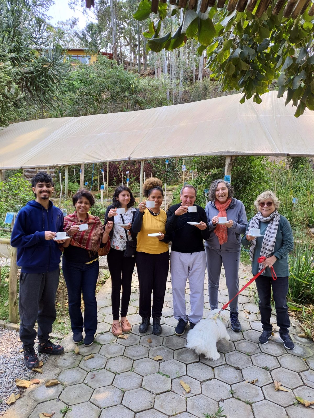 Grupo erguendo xícaras de chá em frente aos canteiros do herbário