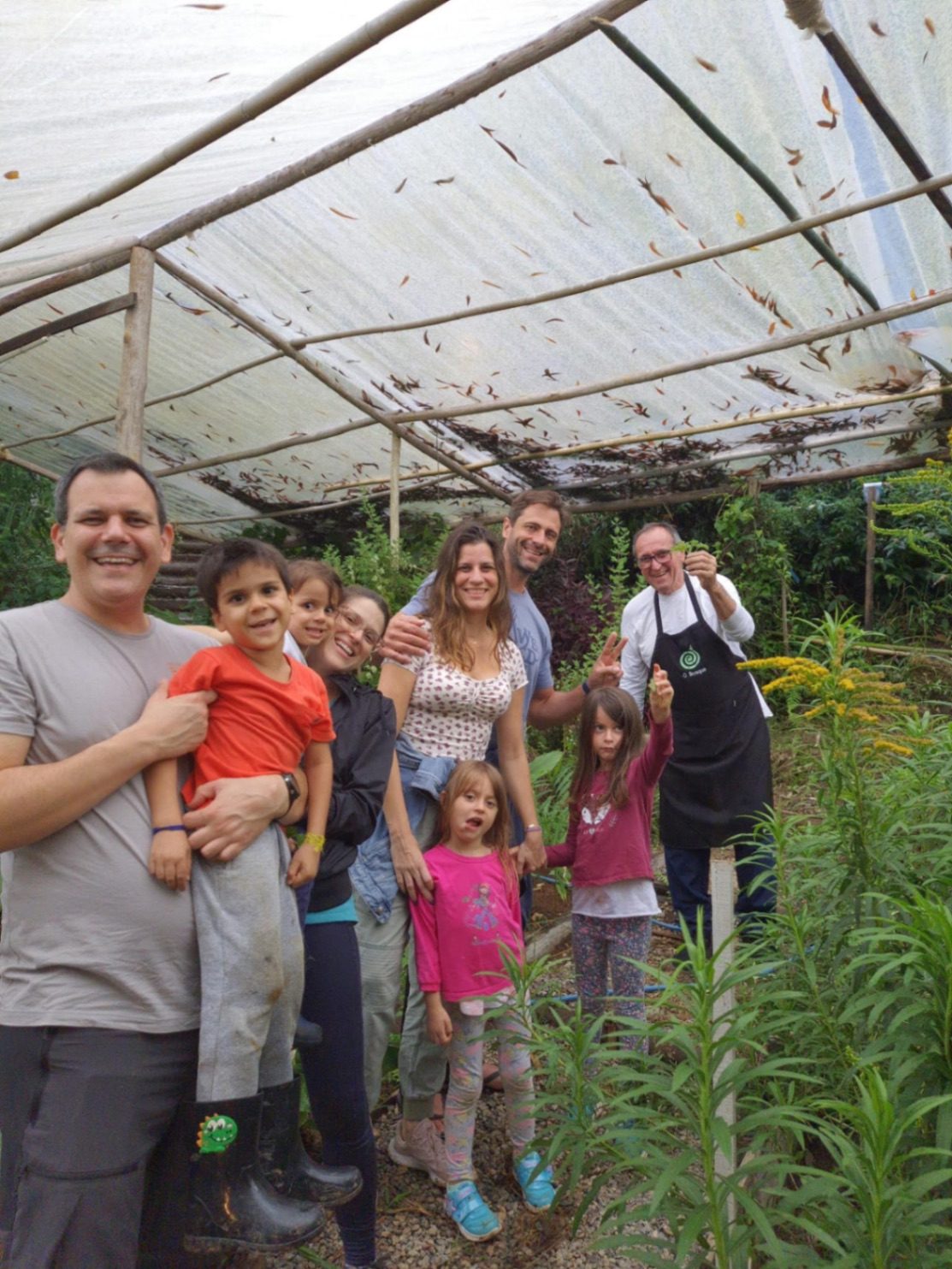 Família colhendo ervas com Seu Oscar na estufa do herbário