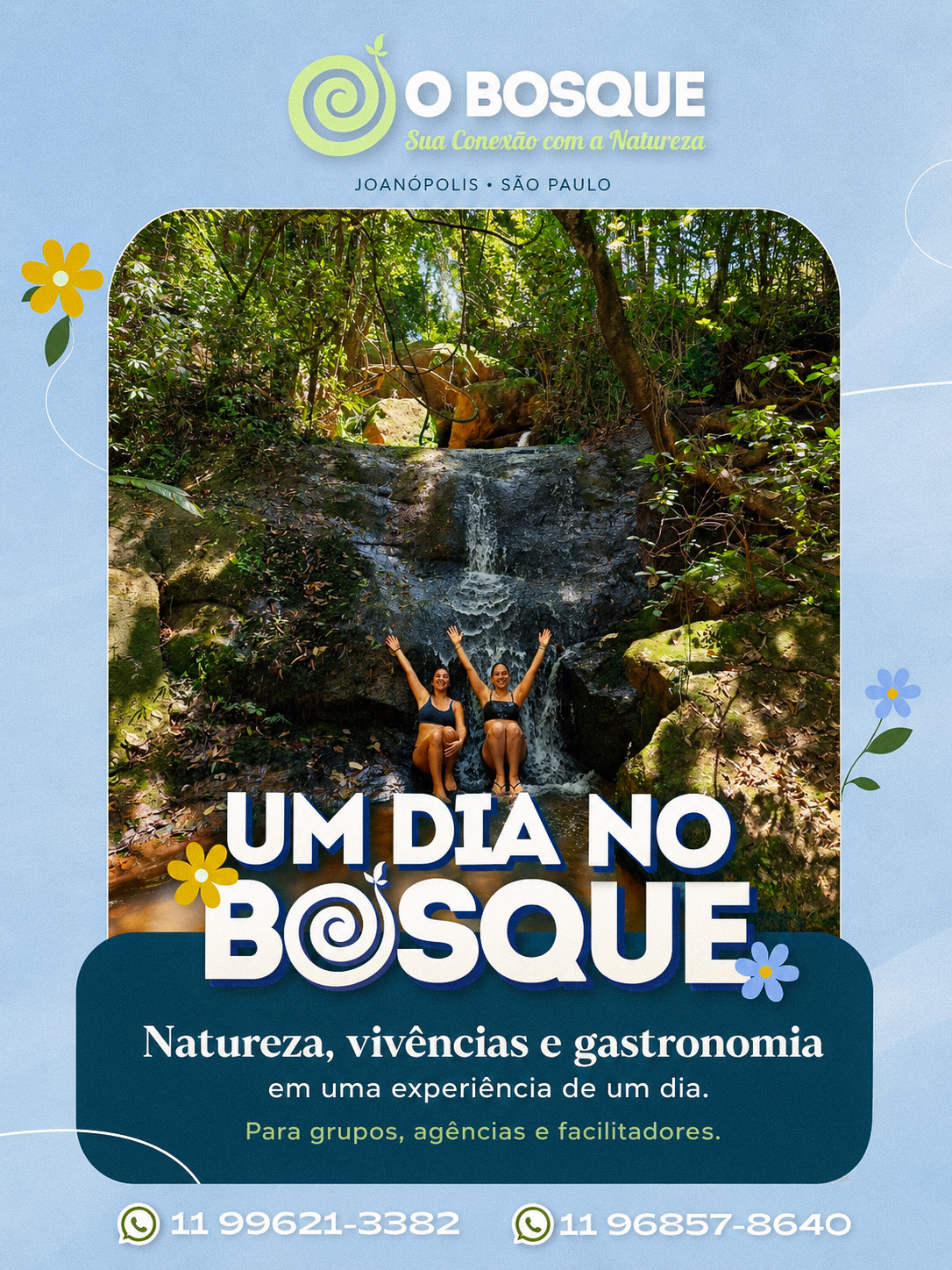 Flyer Um Dia no O Bosque · capa com cachoeira
