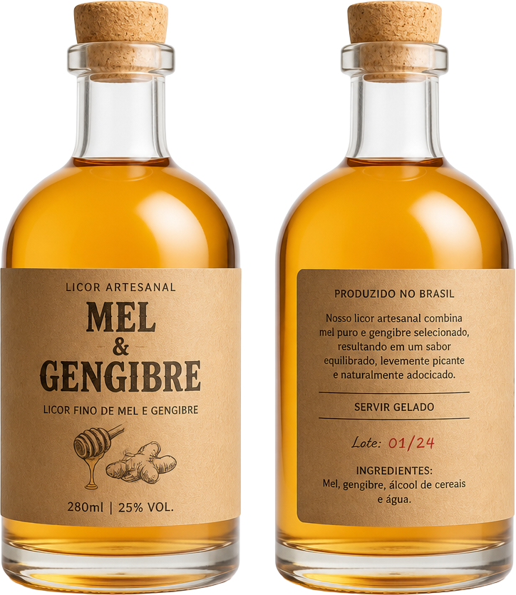 Garrafas de licor artesanal de mel com gengibre